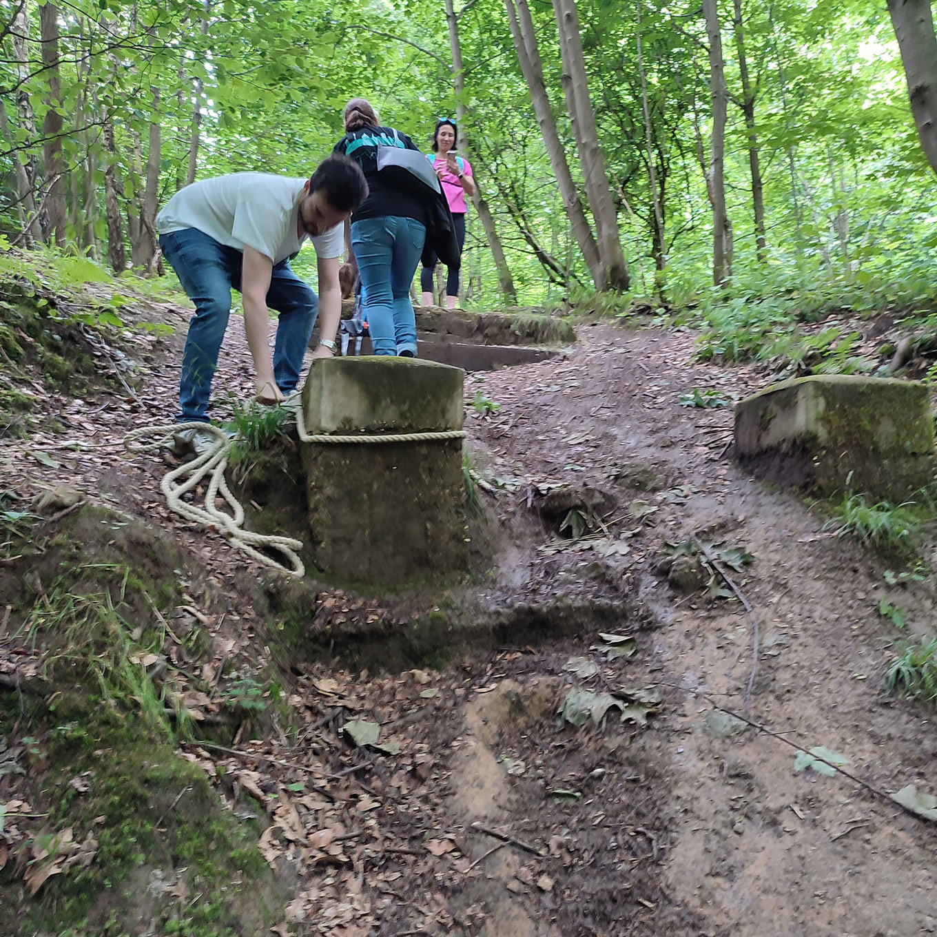 zwei Erwachsene, die einem Kind auf einem steilen, bewaldeten Weg über Steine helfen 
